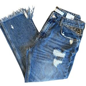 Zara High Waisted Distressed Boyfriend Jean with Leapard Accent|Zara Denim